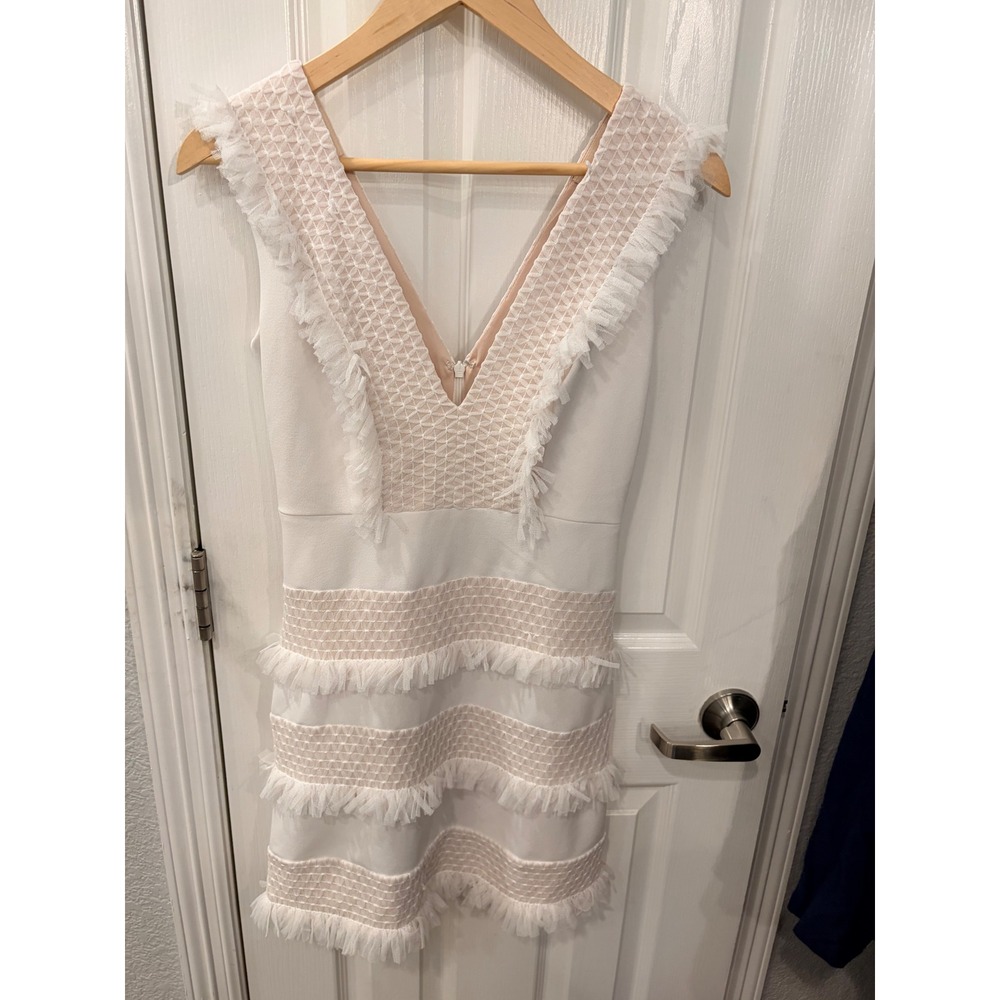 SHO Mini Dress White Fringe Tiered V-Neck Sleeveless Cocktail Party Event